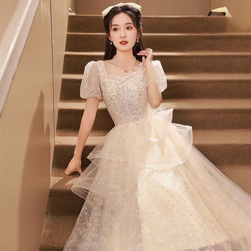 C270 キラキラ チュール トレーン ミディアムドレス 華やか 二次会  