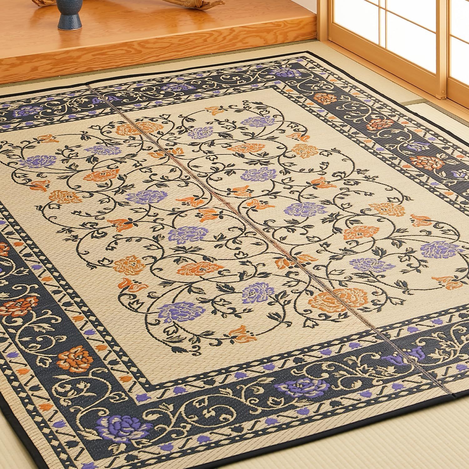 【特価商品】三重織 約191X250cm ナチュラル/ブラック 「イデア」 国産い草センターラグ 萩原