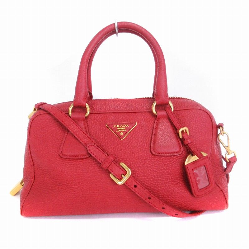 プラダ PRADA ミニ ボストンバッグ ショルダー 斜め掛け レザー 三角プレート 南京錠 2WAY BL0867 赤 レッド 鞄 AA