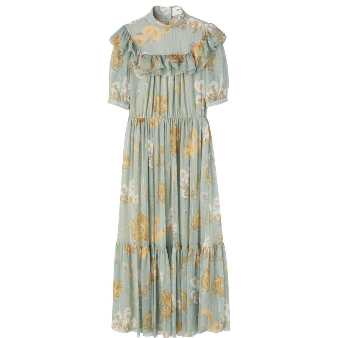 セリーヌ エディ期 フラワー フリル ワンピース ロング花柄 金糸 総柄フリル
