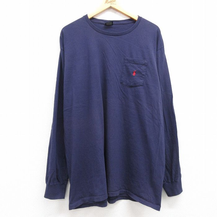 XL/古着 ラルフローレン 長袖 ブランド Tシャツ メンズ 90s ワンポイントロゴ 胸ポケット付き 大きいサイズ コットン クルーネック 紺 ネイ