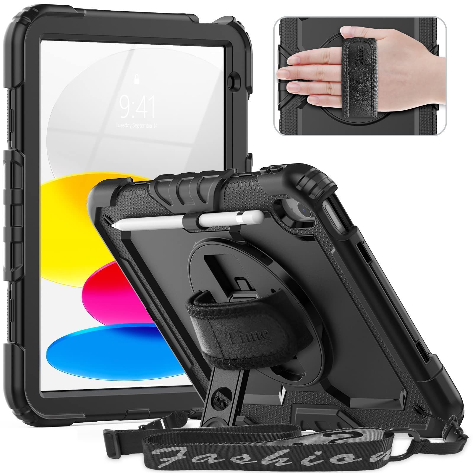 Timecity iPad 第10世代 ケース 2022モデル 10.9インチ用 耐衝撃 360回転スタンド 保護フィルム ペン収納 ハンド＆ショルダーストラップ付き 頑丈 耐久性 三層保護 iPad 第十世代 カバー(ブラック)（