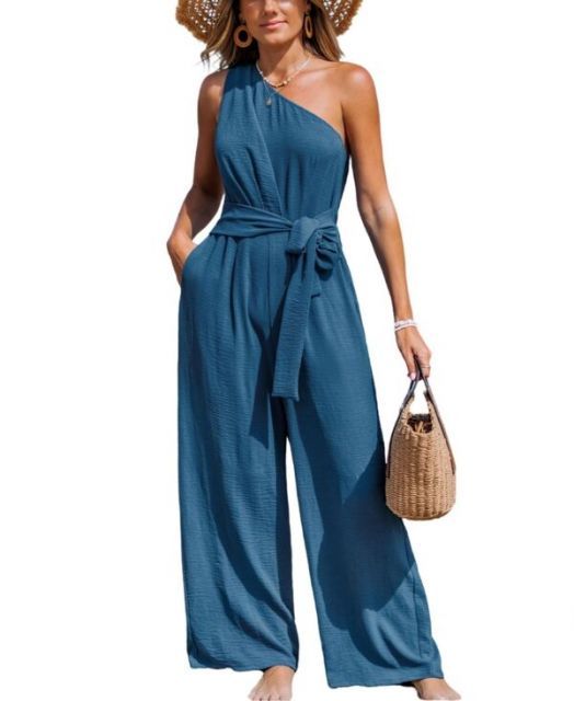 【送料無料】 カップシー レディース ジャンプスーツ トップス Women's One-Shoulder Wide Leg Jumpsuit Dark blue
