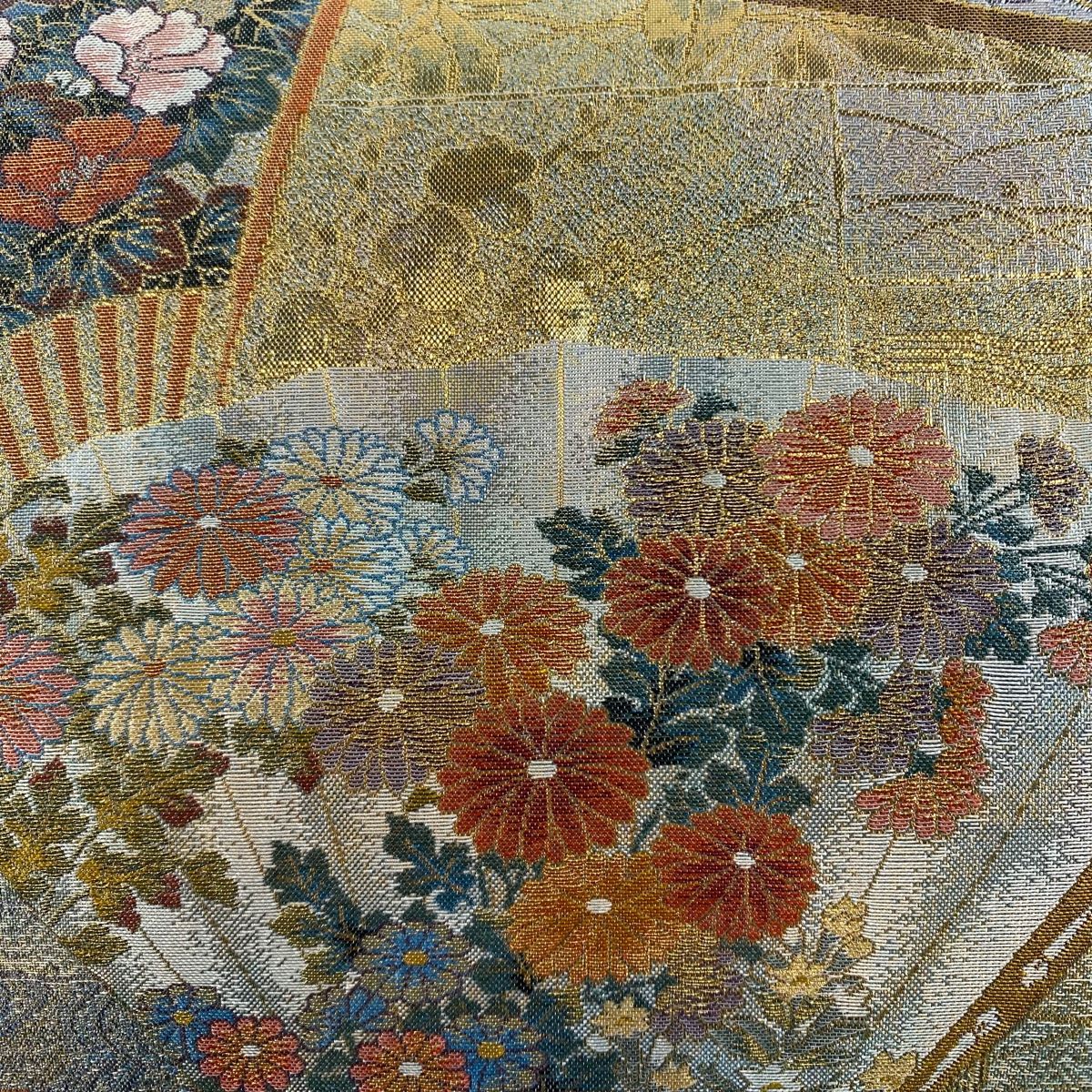 丸帯 美品 名品 琳派三十六華扇 扇 草花 箔 薄緑 全通 正絹 【中古  