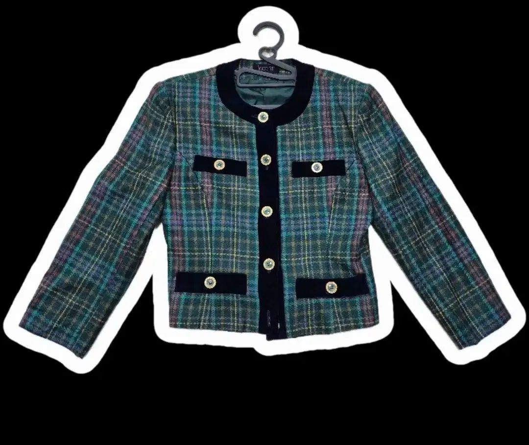 緑 青 ベロア チェック ウール 100 ツイード ジャケット
