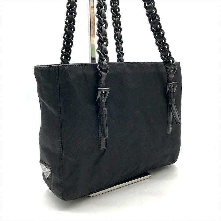 良品 PRADA プラダ 三角ロゴ チェーンショルダーバッグ キルティング ナイロン×レザー ブラック 黒 ヴィンテージ トライアングルロゴ 良品 PRADA プラダ 三角ロゴ プレート ナイロン レザー プラ チェーン