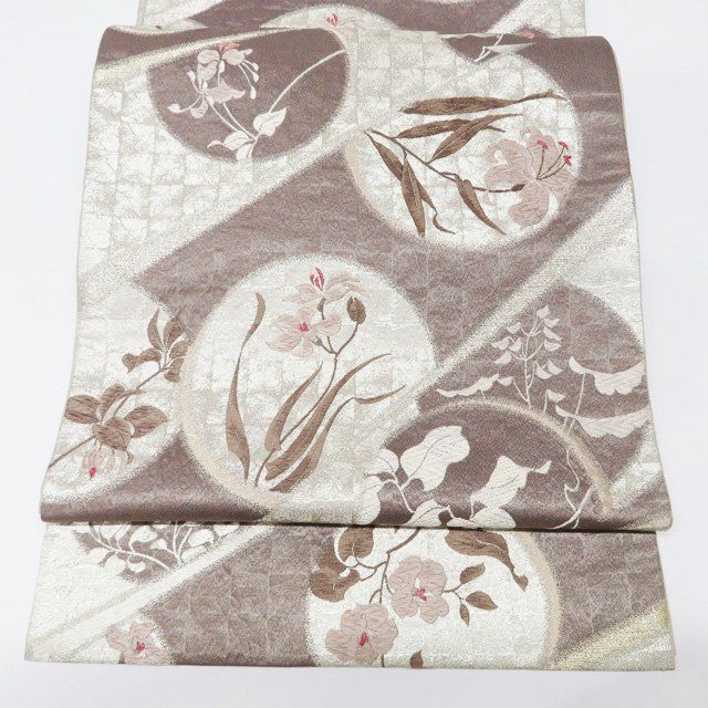 袋帯 中古 リサイクル 六通 花の図 箔糸 茶鼠色 多色 金銀 A1234