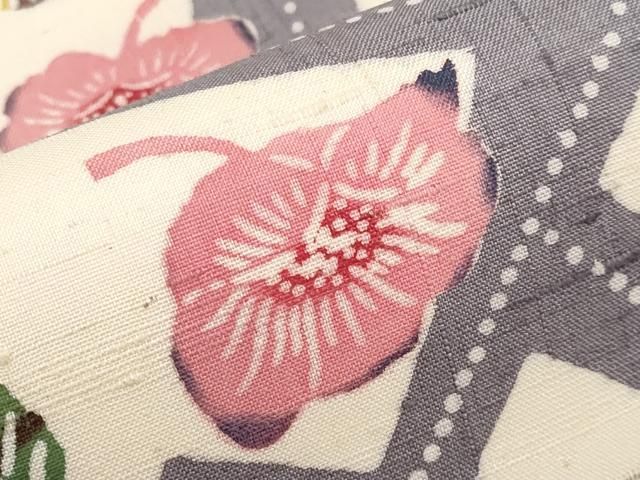 平和屋本店□極上 工芸帯 全通柄 九寸名古屋帯 紬地 型染め 花鳥蝶文