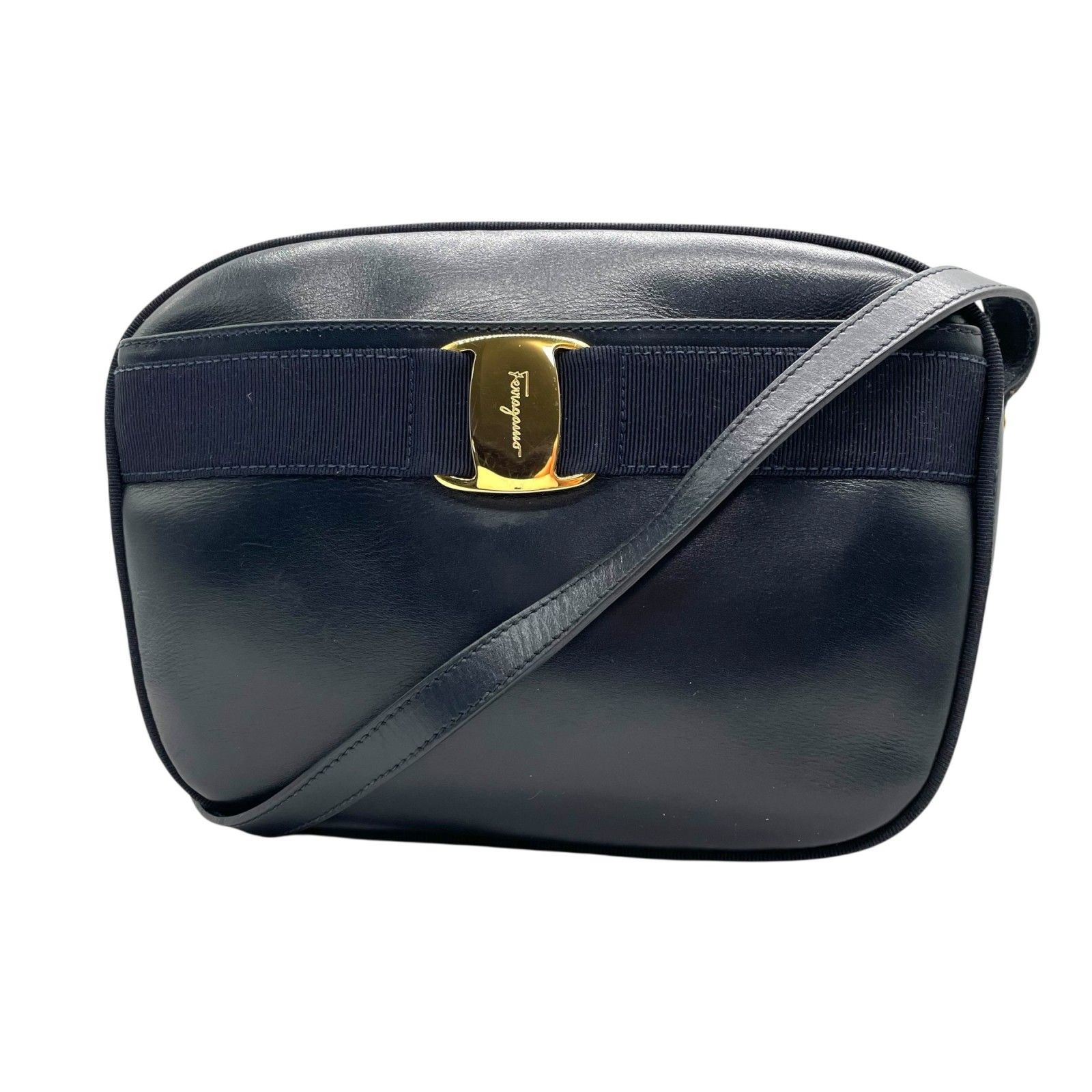 サルヴァトーレ フェラガモ Salvatore Ferragamo ヴァラリボン ショルダーバッグ 紺 ネイビー レザー ゴールド金具 レディース B3