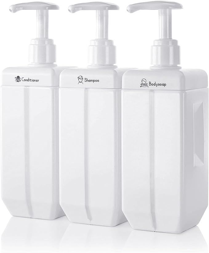 JBM シャンプーボトル ディスペンサー 詰め替えボトル 広口 大容量 おしゃれ ホワイト 650ml 3本セット 滑り止めマット付き シール付き