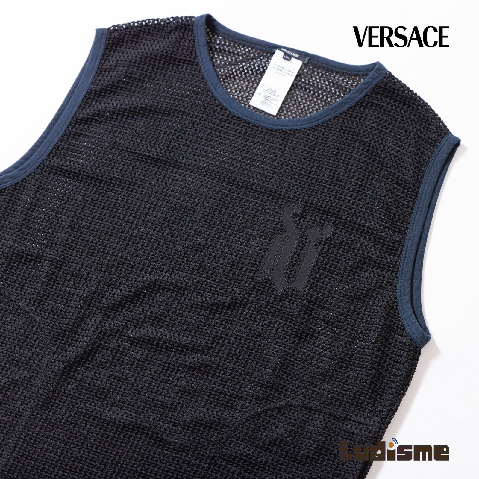 ヴェルサーチ VERSACE CLASSIC メッシュタンクトップ ブラック ノースリーブ ロゴ刺繍 ワッペン メンズ レディース ユニセックス メンズトップス レディーストップス