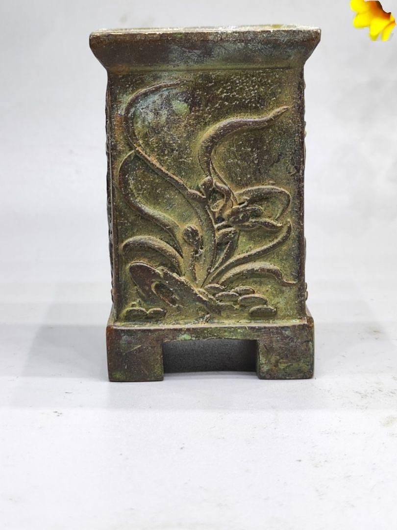 銅細工 四方梅蘭竹菊筆筒 書道具 文房具 装飾品 工芸品 美術品