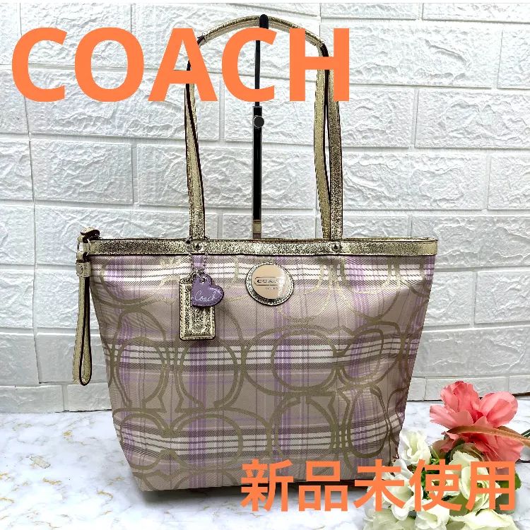 極美品！コーチ トートバッグ シグネチャー柄 ゴールドベージュ ブラウン レザー×キャンバス サテン 通勤通学 A4 ハンド ショルダー 美品☆COACH コーチ トートバッグ 肩掛け シグネチャー ブラウン