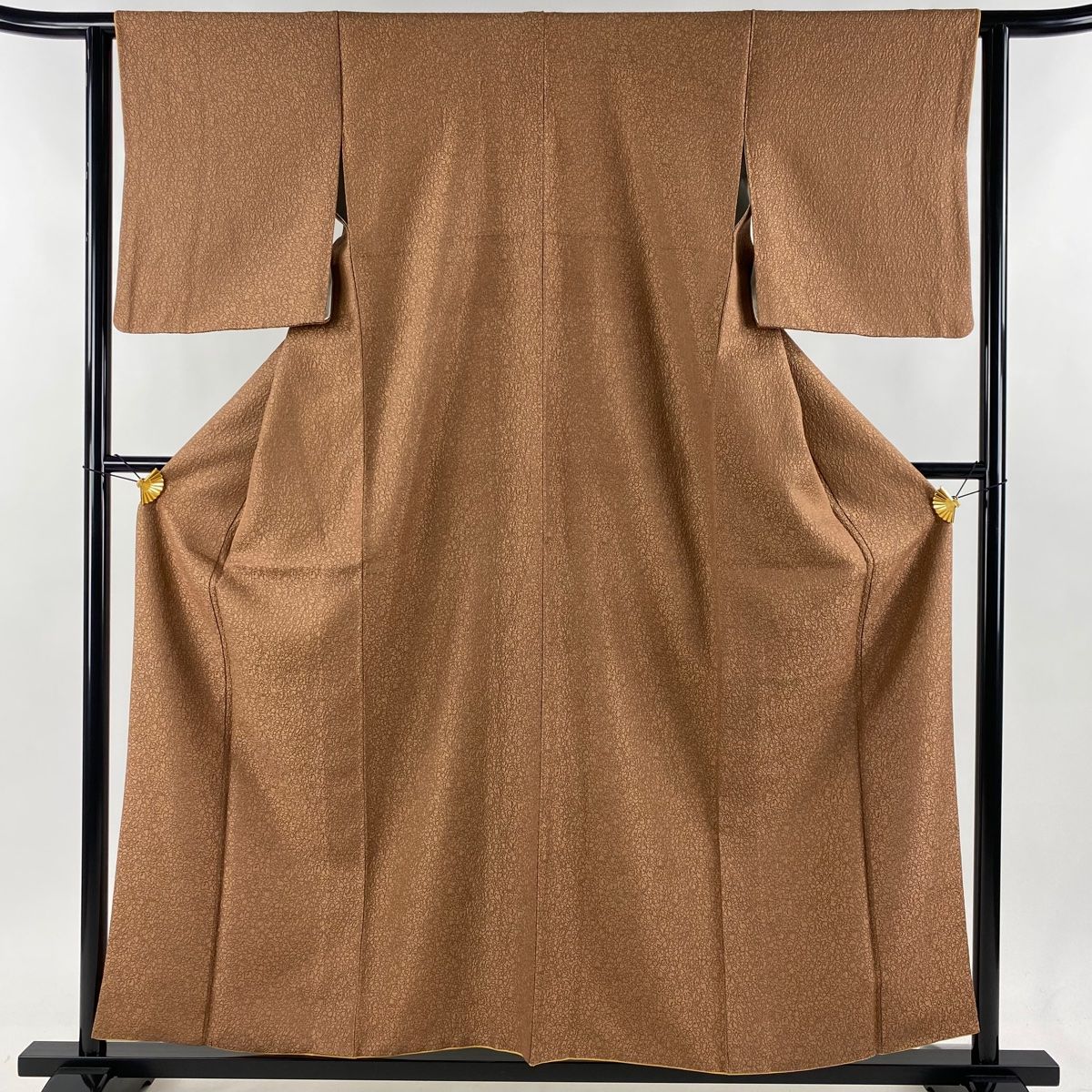 お召 身丈156.5cm 裄丈62cm S 袷 蘭工房 落款 草花 柿渋染 茶色 正絹