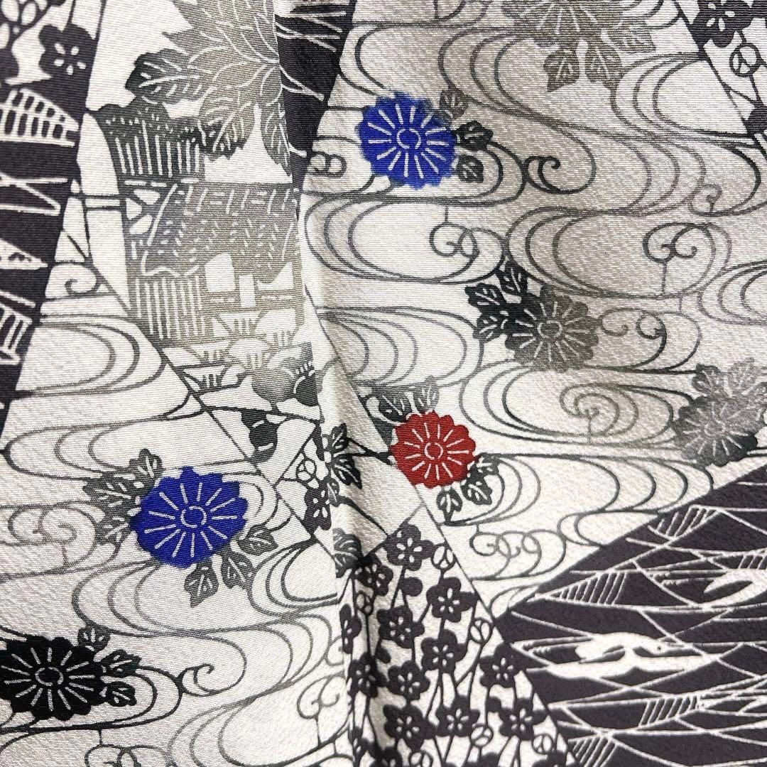 宮崎良次 小紋 京紅型 型染め 裂取り 観世水 菊花 鳥 着物 084a