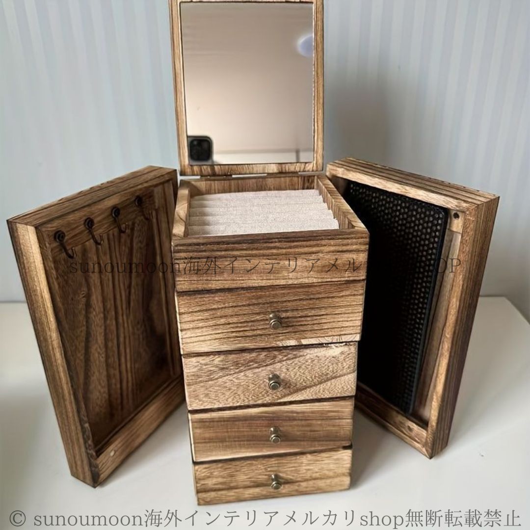 アクセサリーボックス 持ち運び ジュエリーボックス 5段 大容量 ミラー付き 鏡 収納 箱 B0X メイクボックス 化粧箱 ネックレス 指輪 ピアス イヤリング 木製 北欧 ナチュラル シンプル おしゃれ 可愛い インテリア 4-7