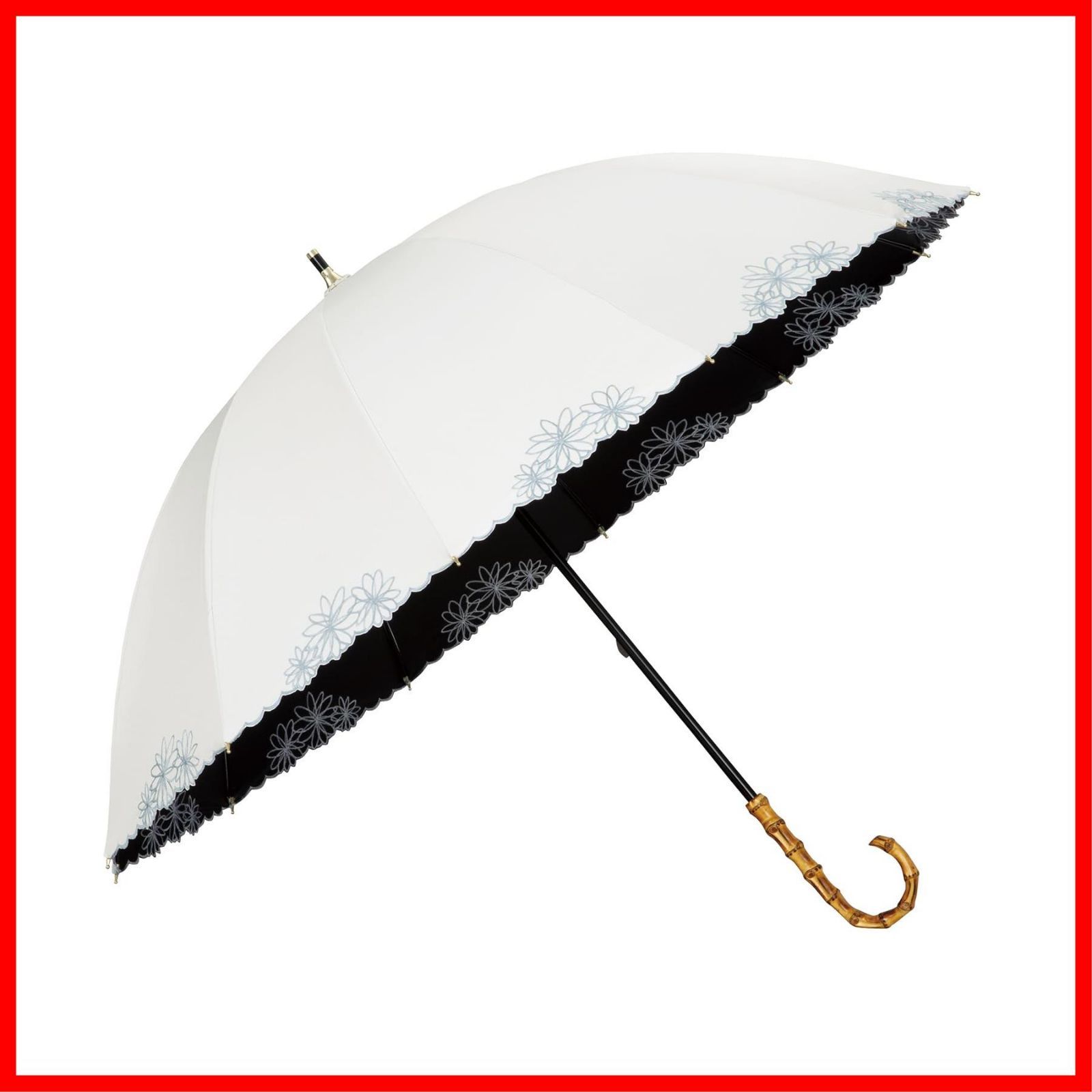 バンブー 女性 持ち手おしゃれ レディース オフ 遮光率＆UVカット率 UPF 50 遮熱 晴雨兼用 親骨55 cm 丈夫 刺繍フラワー UVO ウーボ 長傘 12 K 大人 最強の日傘 K-07 2025 Wpc