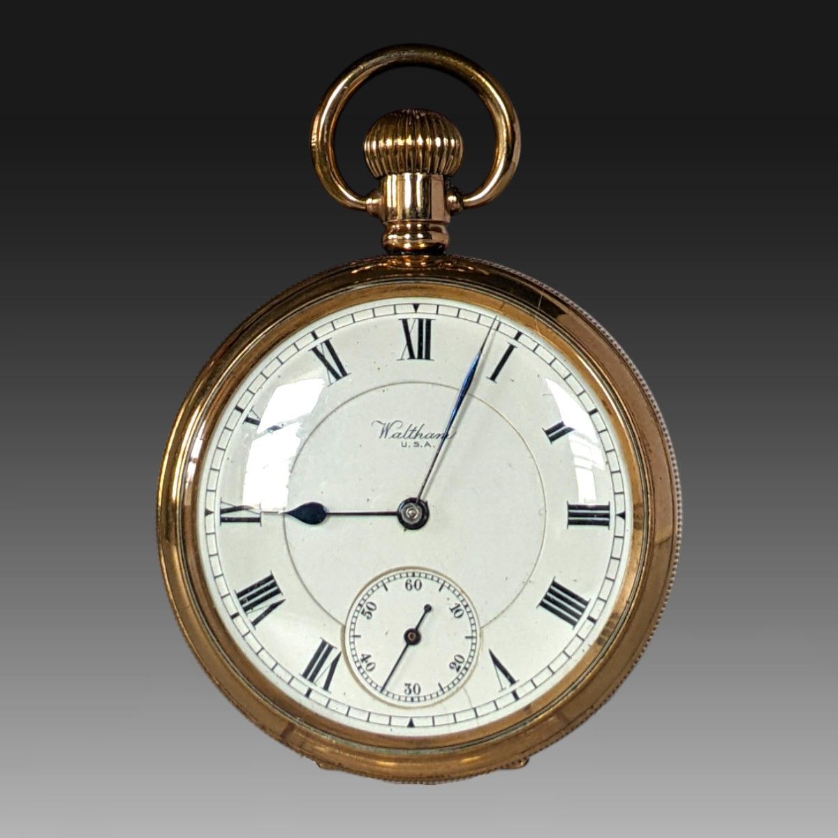 稼働品 WALTHAMウォルサム懐中時計 1908年 17石 グレード610 ダブルサンク ローマ数字 ブルースチール針 ギヨーシェ彫刻 金張りデニソンケース 16S アンティーク