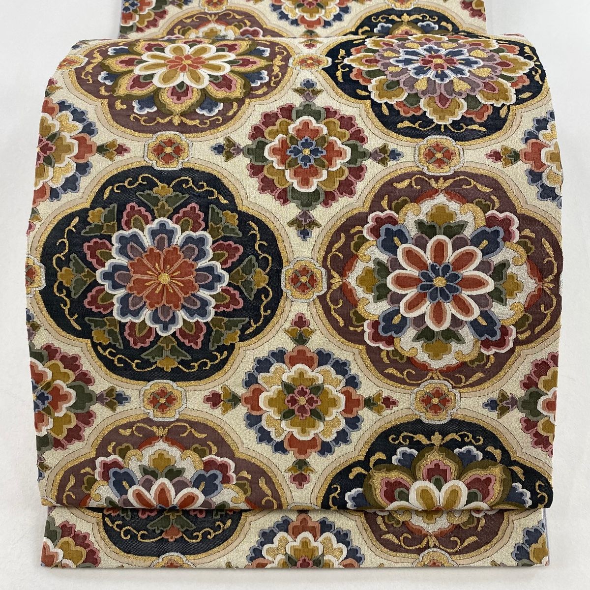 丸帯 美品 逸品 リバーシブル 華文 花 金銀糸 明綴れ ベージュ 六通  