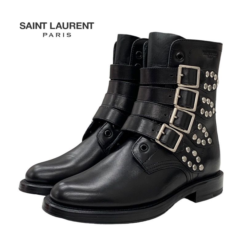 サンローラン SAINT LAURENT ブーツ ショートブーツ 靴 シューズ レザー ブラック 黒 シルバー スタッズ ベルト レースアップ -  メルカリ