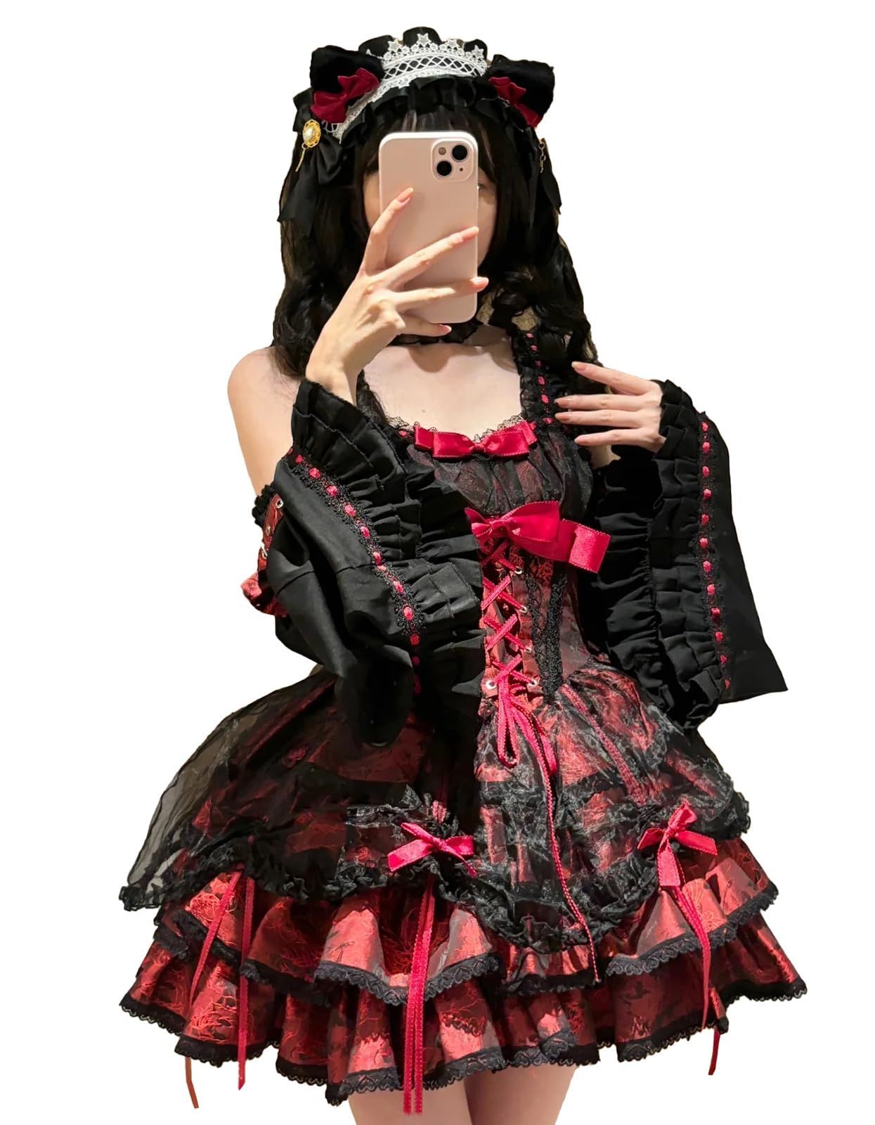 付け姫袖 ロリータ チョーカー カチューシャ リボン フリル ジャンパースカート レースアップ ワンピース レディース Lolita JSK ドレス ロリィタ コスチューム ティアード コスプレ 衣装 花嫁風 ファッション Jundakara 春 夏 秋