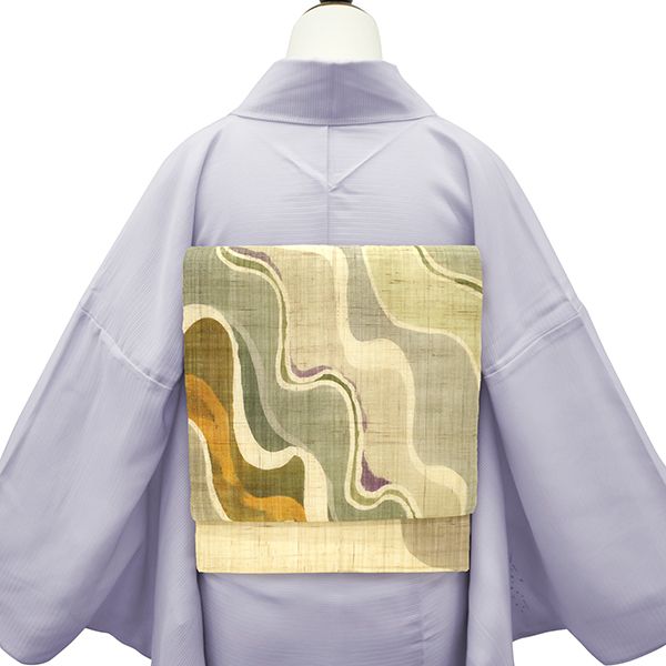 中古】 夏物 名古屋帯 九寸 麻 手描き 生成り色 ベージュ系 モダン柄