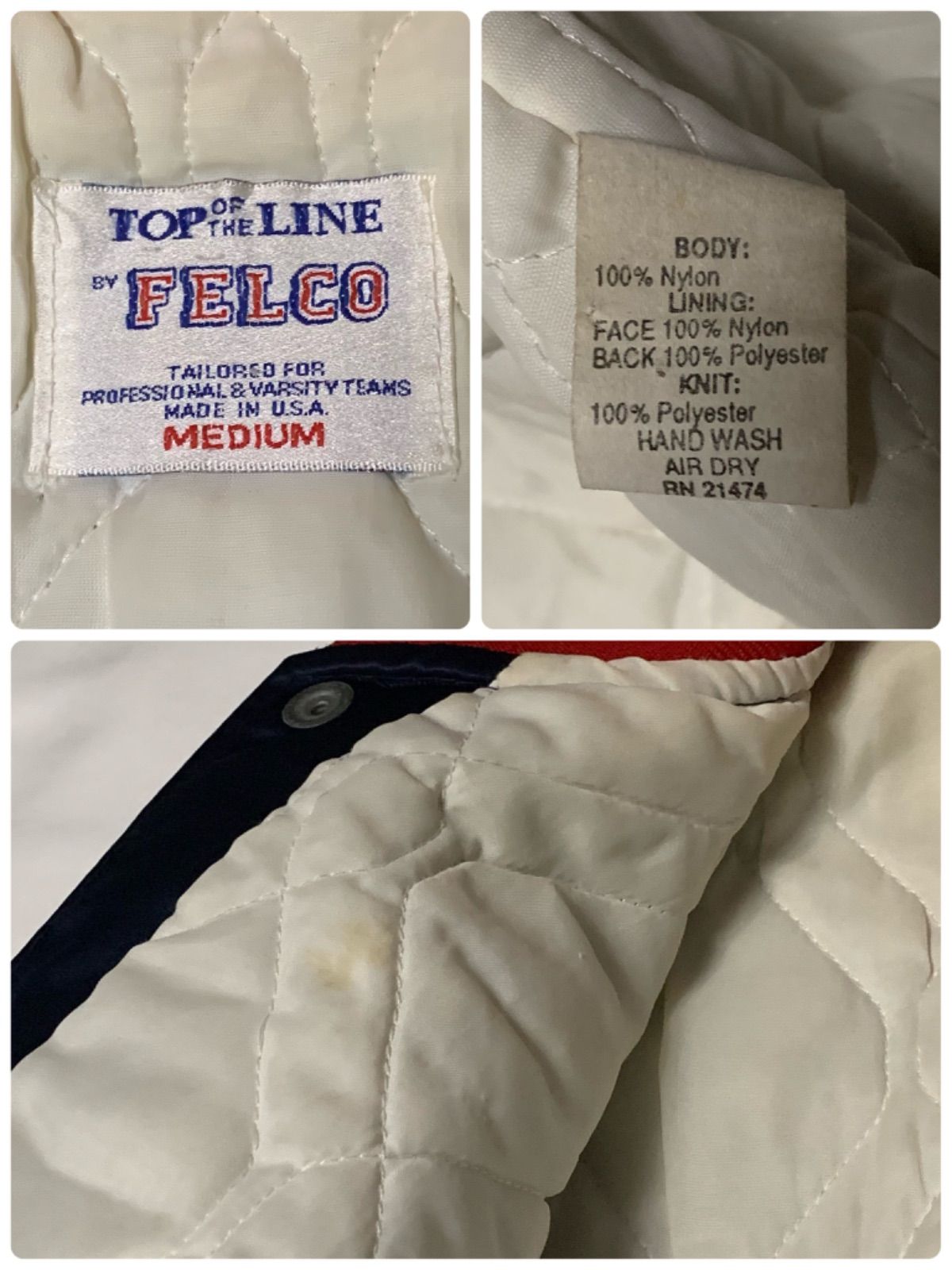 90s TOP OF THE LINE BY FELCO “BOSTON REDSOX” Nylon Stadium Jacket フェルコ ナイロンスタジアムジャケット スタジャン ネイビーレッド ホワイト Mサイズ USA製 MLB レッドソックス 野球