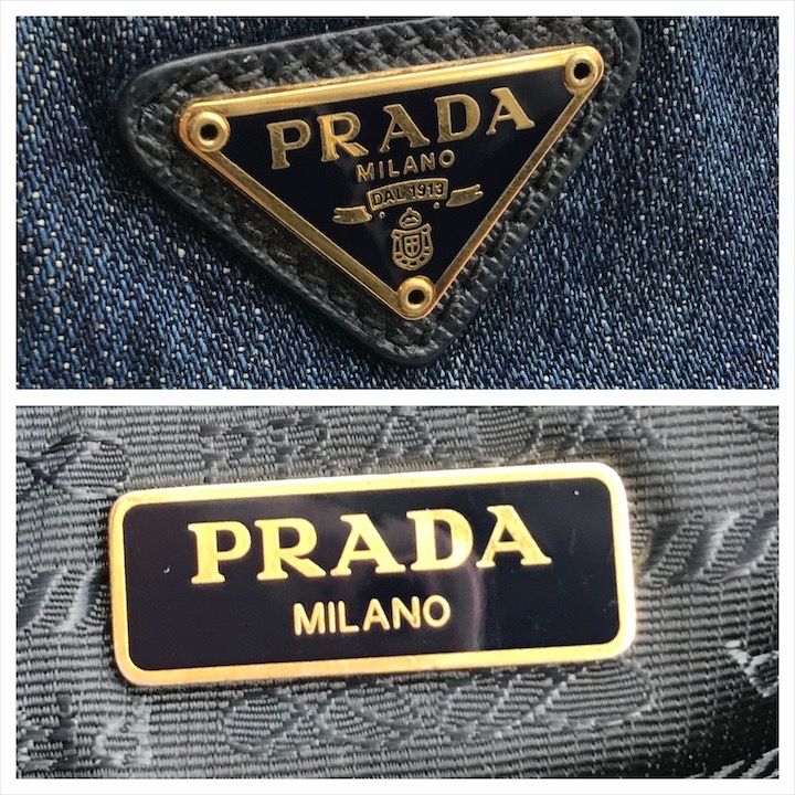 美品　プラダ　アクセサリーポーチ　デニム　三角ロゴ 良品 PRADA プラダ デニム 三角ロゴ ロゴプレート メイク コスメ