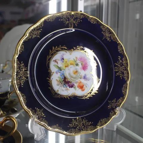 マイセン オールドマイセン ボタン剣 コバルト 花絵 大皿 食器