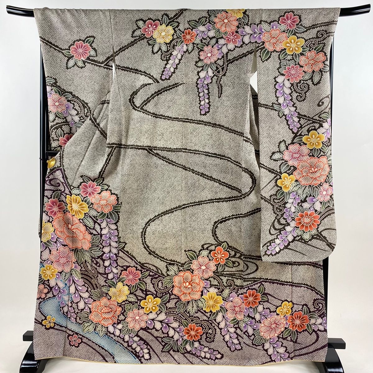 振袖 身丈168cm 裄丈69cm L 袷 草花 流水 総絞り 灰茶 正絹 名品