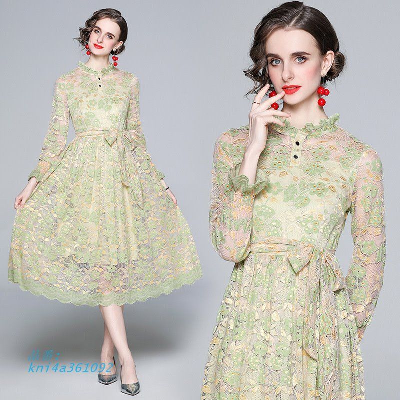 新着 ワンピース S-3L 総レース 襟元フリル 長袖 結婚式 202112 ロング 袖口幅広シャーリング おでかけ ウエストリボン パーティ 202111 kni4a361092