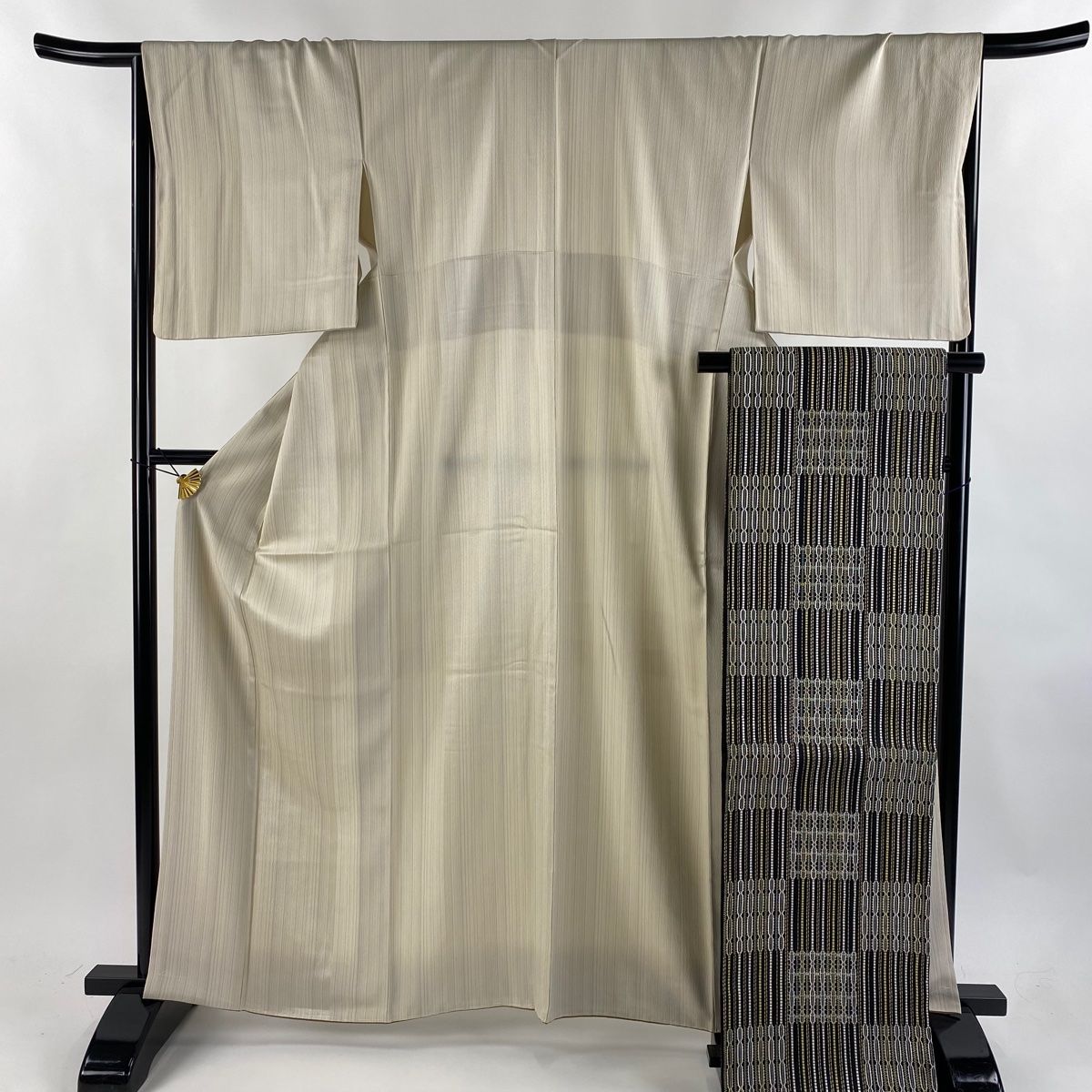 小紋 身丈164.5cm 裄丈66cm M 袷 袋帯セット 縞 ベージュ 正絹 秀品