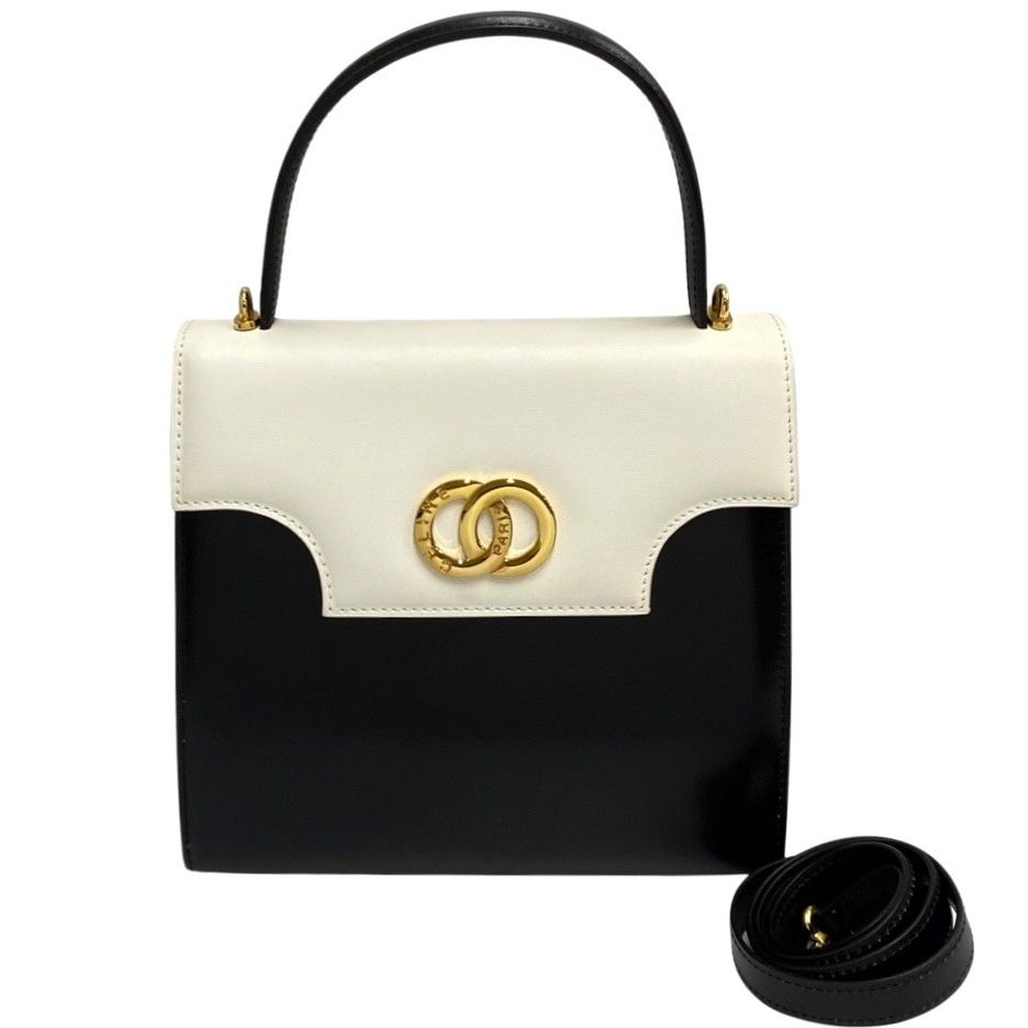 美品■セリーヌ　ハンドバッグ　2way　サークル　ゴールド金具　カーフレザー　黒 極 美品 袋付 CELINE セリーヌ サークルロゴ 金具 カーフ レザー
