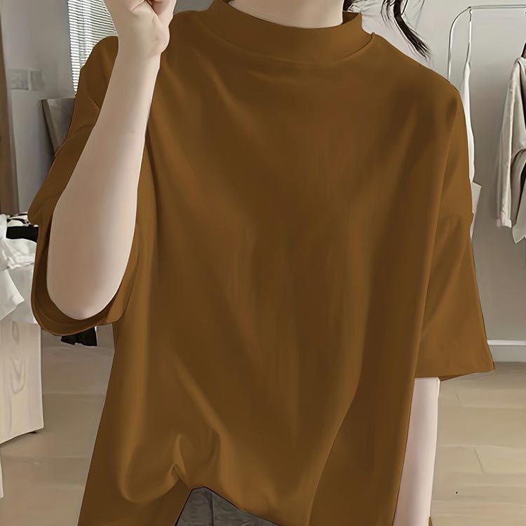 Tシャツ レディース 五分袖 トップス カットソー 無地 シンプル ハイネック インナーシャツ カジュアル ゆったり プルオーバー  春秋夏 お洒落 Tシャツ レディース 五分袖 トップス カットソー 無地 シンプル
