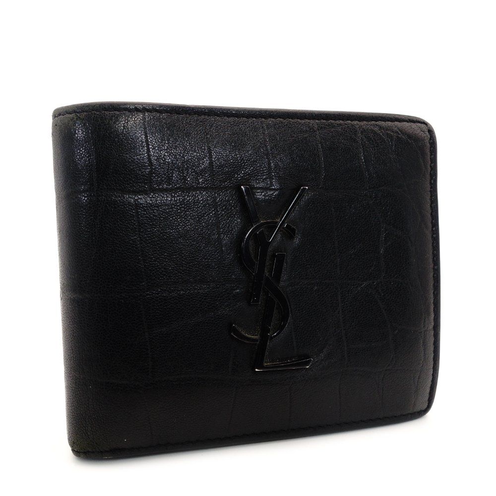 サンローラン SAINT LAURENT 折り財布 YSL クロコ型押し ブラック レザー ミニ財布 メンズ 黒 二つ折り財布 7-9-656