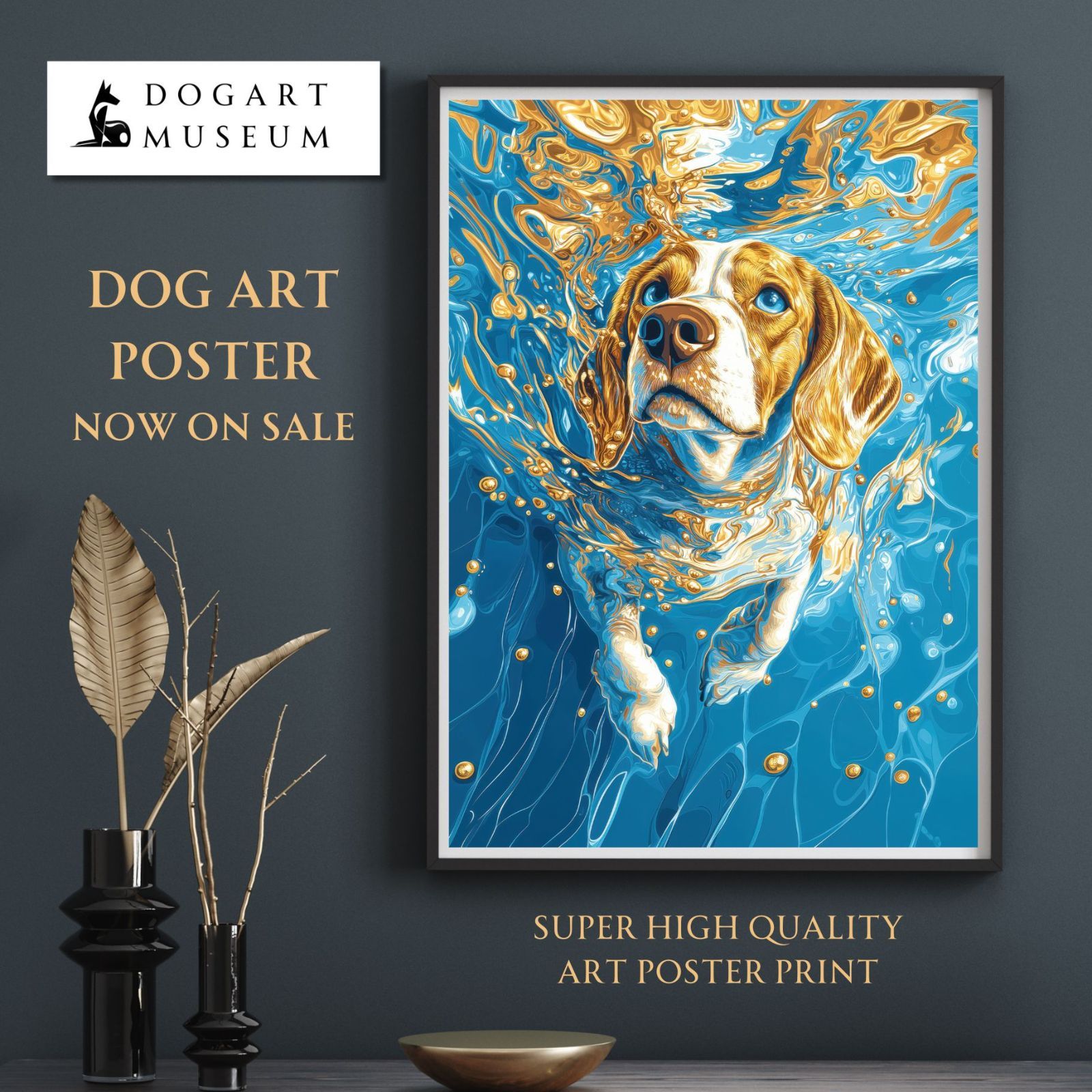 青と金 - ビーグル犬 No.1 アメコカ ゴールド ペットロス うちの子 記念日 アートポスター 犬の絵 犬のイラスト ギフト プレゼント