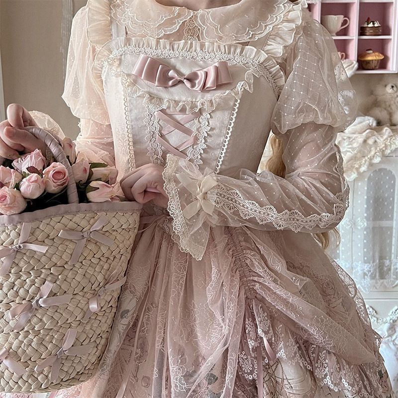 ♡ヴィンテージ♡ ノースリーブワンピース　ロリータファッション　ベロア　レース 納期40日】ロリータ服 ロリータファッションノースリーブ
