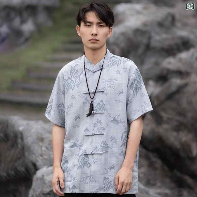 XL メンズ ファッション 服 男性用 オシャレ シンプル 大人 かっこいい 大きいサイズ ストリート 紳士服 夏 スタイル トップス スタンドカラー ボタン 半袖 シャツ プリントチュニック スーツ カンフー 唐