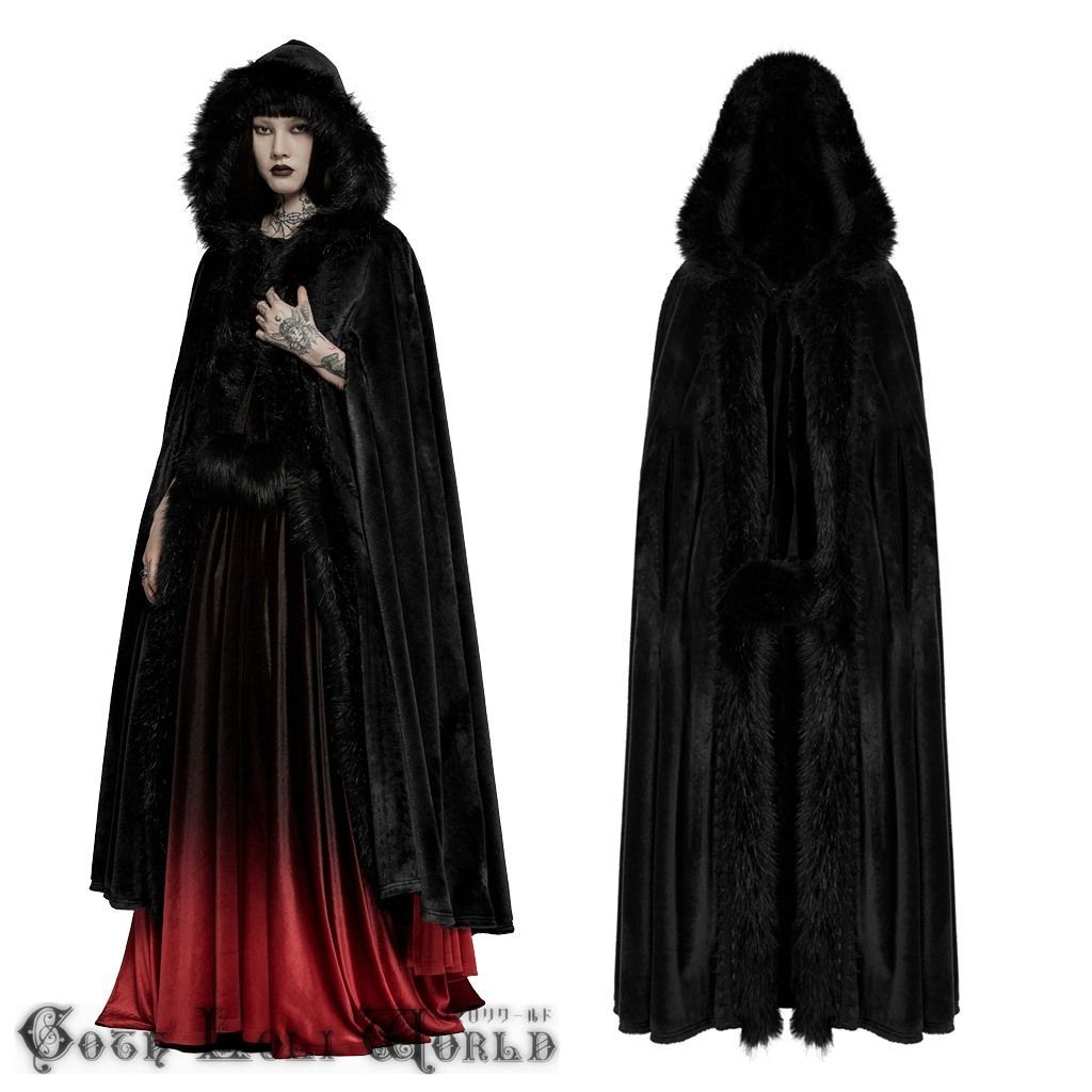 PUNKRAVE ロングファーフード付マントコート 黒色 WY-1423BK
