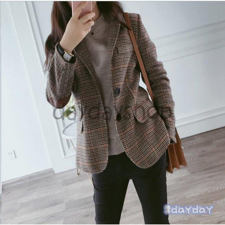 スーツジャケット レディース 秋冬 長袖ブレザー チェック柄スーツ 40代 カジュアル テーラードジャケット ショット丈 着痩せ 通勤 オシャレ大人 上品