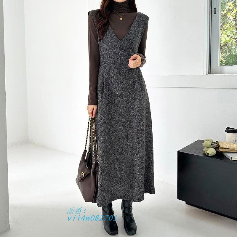 ジャンパースカート ワンピース レディース ロング ジャンスカ オールインワン Vネック 大きいサイズ フ秋冬 オフィス ノースリーブ カジュアル ゆったり vii4w082701