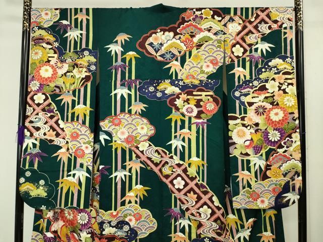 平和屋本店□極上 振袖 刺繍 笹竹 雲取り鴛鴦花文 金彩 逸品
