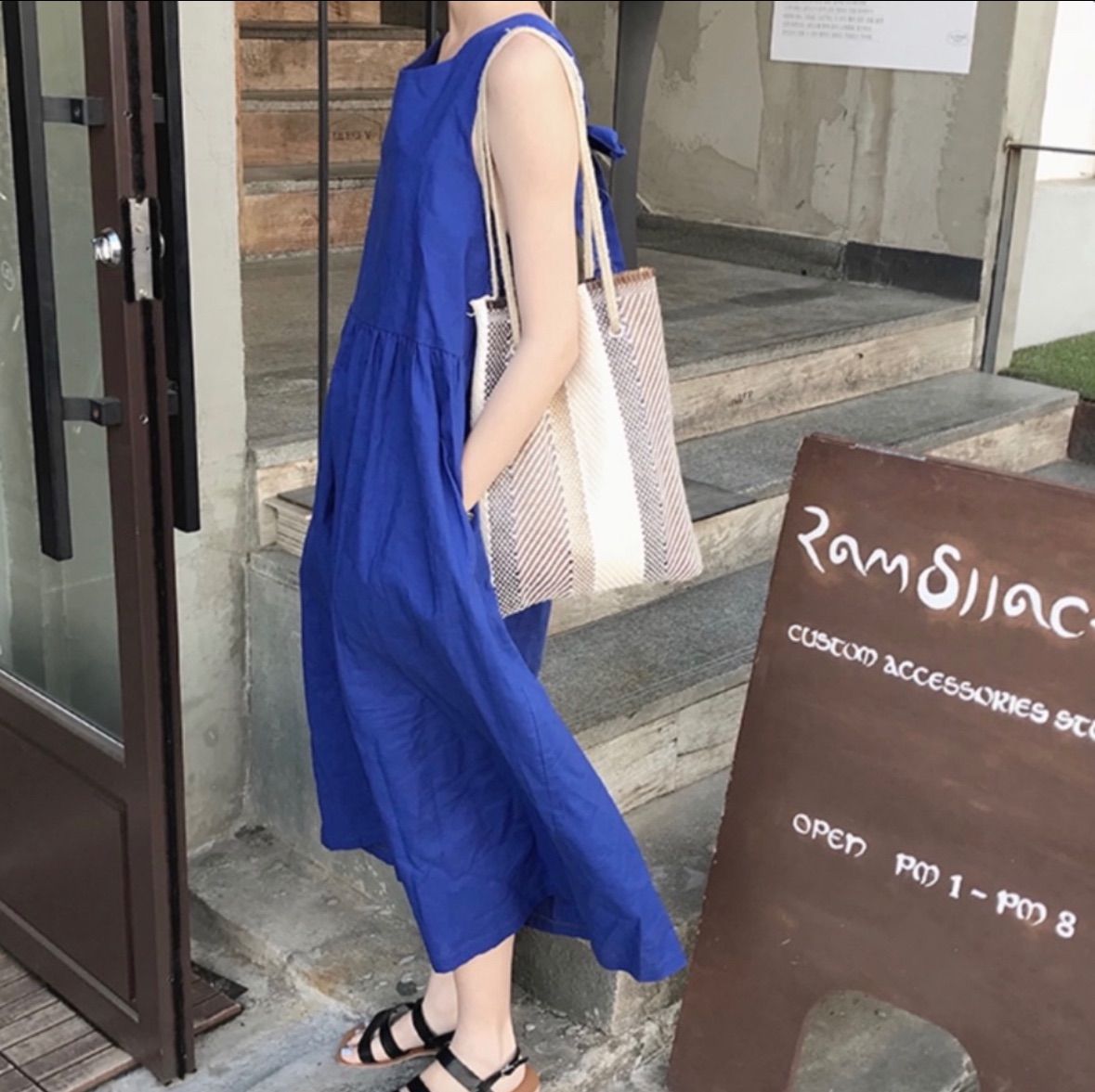 麻縄ストライプトートバッグ 肩掛け ストロー素材 シンプル A4サイズ 