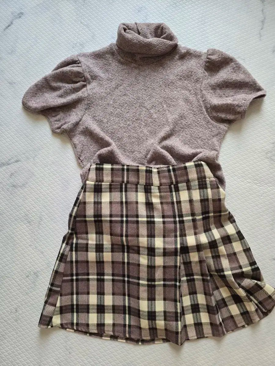 フェミニン룩 パフスリーブ 半袖ニット CHECK タタン ミニスカート セット s m