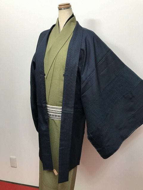 3Lサイズ 羽織 リメイク男物 正絹 濃紺地に蚊絣様の紬 袖継ぎ 福服特製