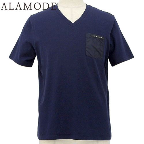 PRADA(プラダ) ラバーロゴ Tシャツ トップス アパレル ファッション 衣類 半袖 XL コットン エラステイン ネイビー紺 ブラック黒 メンズ 40802115615【中古】【アラモード】