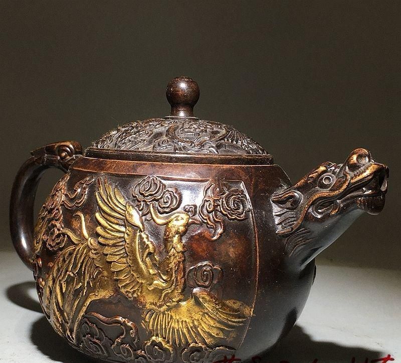 銅器 文房具 二龍戯珠龍茶壺 茶道具 重厚 極細工 工芸品 美術品 置物 十二支龍頭茶壺 龍鳳壺 銅壺徳利 茶道具 煎茶器 装飾品 工芸品