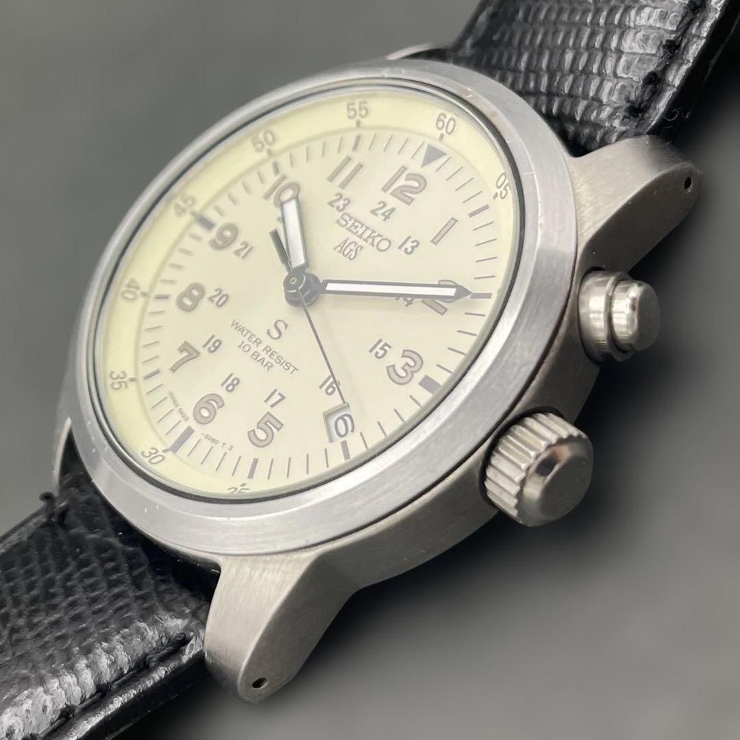 完動美品 SEIKO 「S」サス AGS 5M22-6C20 ホワイトパール Seiko AGS S SUS 5M22-6C20 White Pearl Kinetic Watch Used