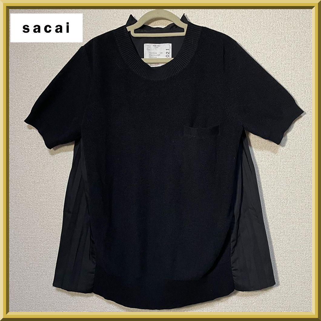 sacai プリーツブラウス　半袖　アシメトリー　ネイビー　2 sacai プリーツブラウス 半袖 アシメトリー ネイビー 2