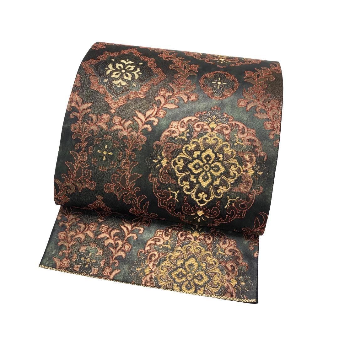 袋帯 更紗華文 本金箔 美しい華柄模様 黒色 O-5632